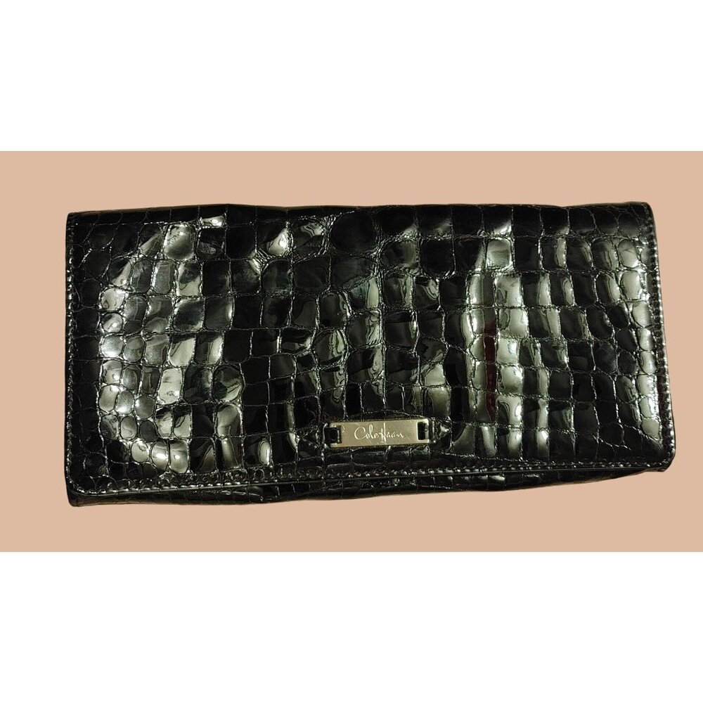 Cole Haan Black Patent Leather Crocodile Clutch Bag Purse Wallet